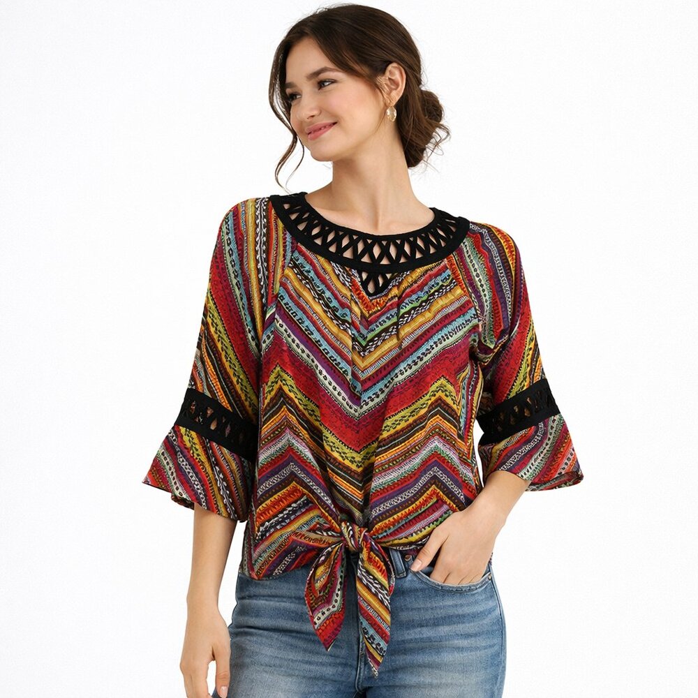 Ali Miles Blouse‎ Womens S Art Print Tie Front Tie Lagenlook Boho Top